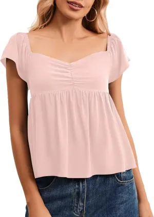 Peplum Tank Tops for Women Flutter Ruffle Short Sleeve Sweetheart Neck Cute Flowy Smocked Back Babydoll Tank Tops