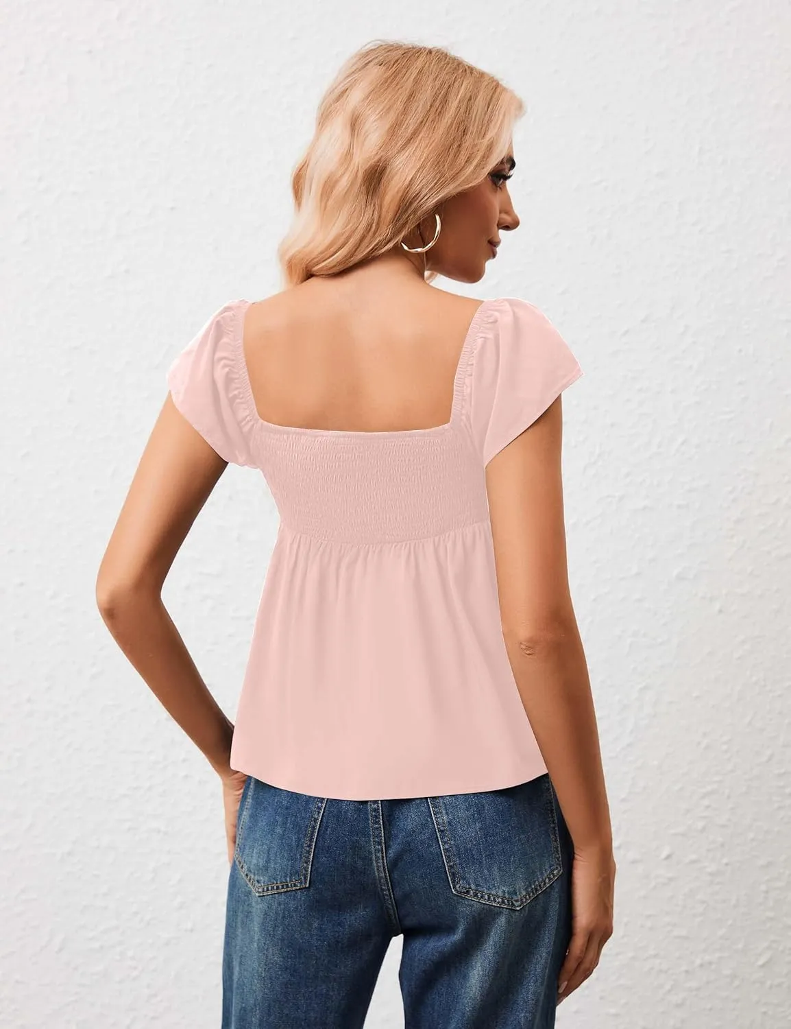 Peplum Tank Tops for Women Flutter Ruffle Short Sleeve Sweetheart Neck Cute Flowy Smocked Back Babydoll Tank Tops