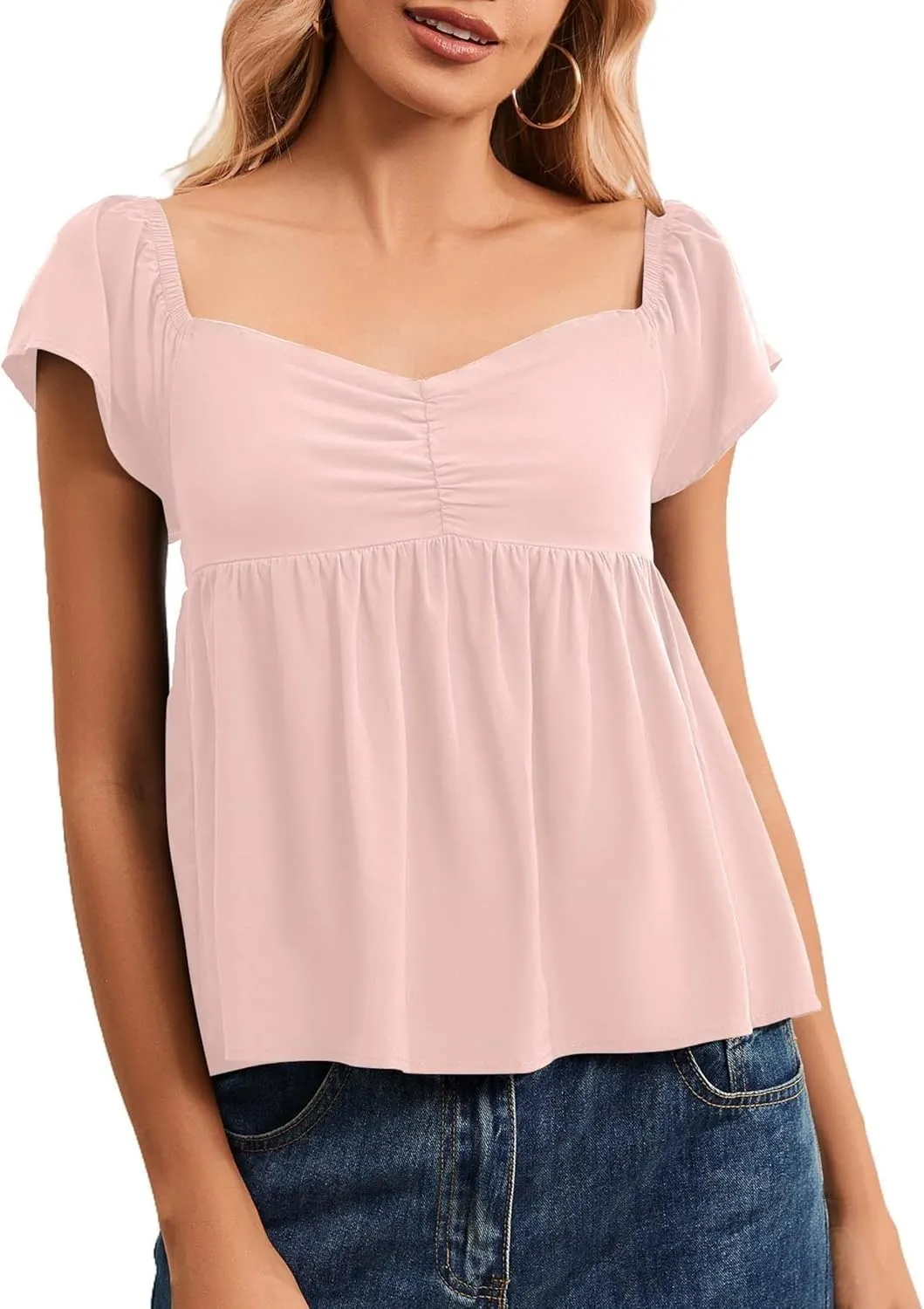 Peplum Tank Tops for Women Flutter Ruffle Short Sleeve Sweetheart Neck Cute Flowy Smocked Back Babydoll Tank Tops