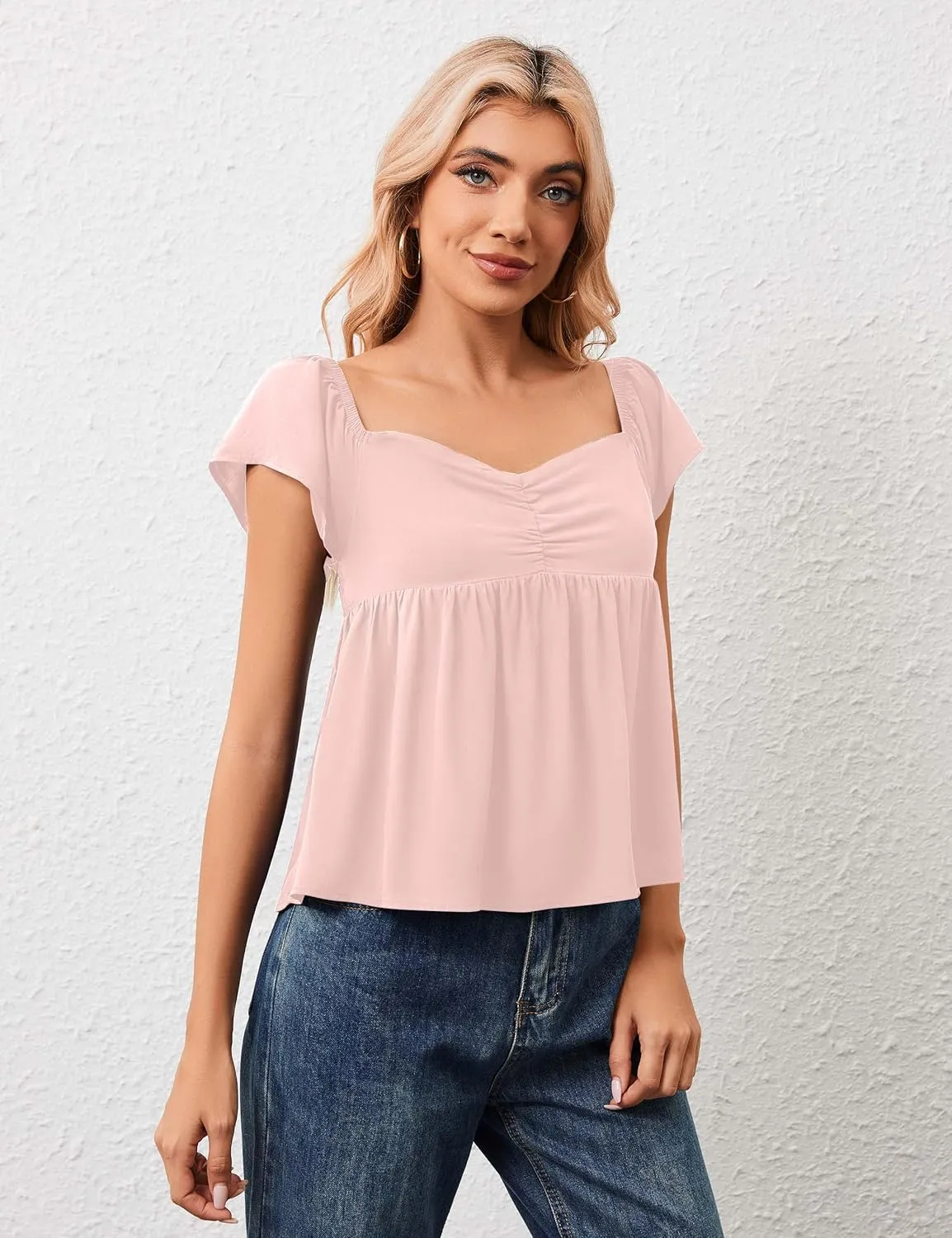 Peplum Tank Tops for Women Flutter Ruffle Short Sleeve Sweetheart Neck Cute Flowy Smocked Back Babydoll Tank Tops