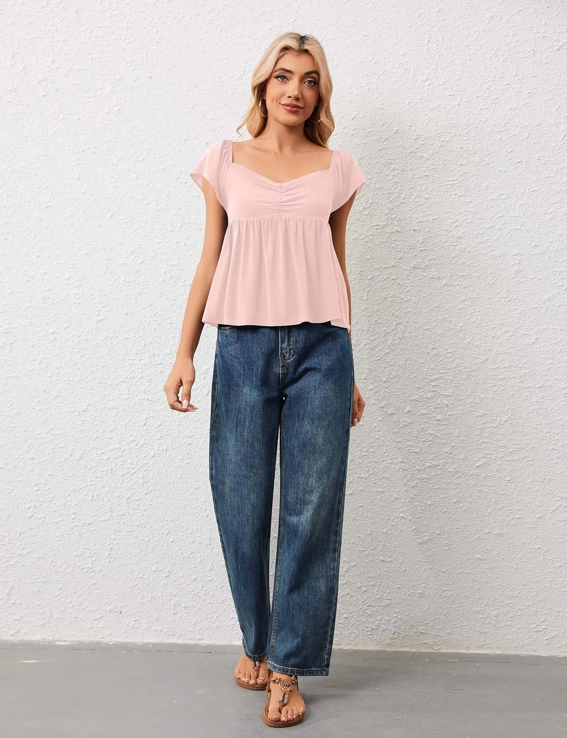 Peplum Tank Tops for Women Flutter Ruffle Short Sleeve Sweetheart Neck Cute Flowy Smocked Back Babydoll Tank Tops