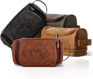Personalized Leather Toiletry Bag for Men Engraved Name, Custom Groomsmen Shaving Dopp Kit Large Capacity PU Leather Handcrafted Travel Bag for Father's Day, Boy Friend,Husband