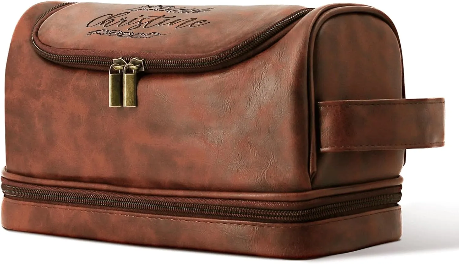 Personalized Leather Toiletry Bag for Men Engraved Name, Custom Groomsmen Shaving Dopp Kit Large Capacity PU Leather Handcrafted Travel Bag Gift for Father's Day, Boy Friend,Husband
