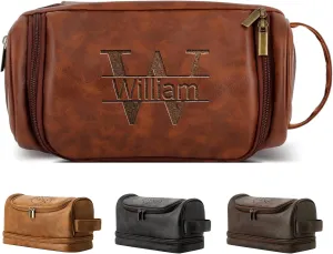 Personalized Leather Toiletry Bag for Men Engraved Name, Custom Groomsmen Shaving Dopp Kit Large Capacity PU Leather Handcrafted Travel Bag Gift for Father's Day, Boy Friend,Husband