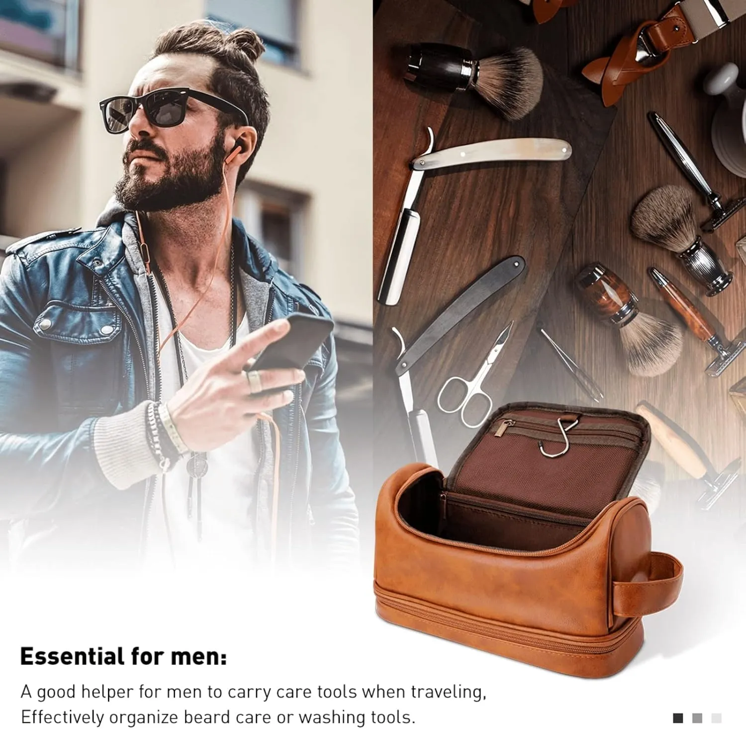 Personalized Leather Toiletry Bag for Men Engraved Name, Custom Groomsmen Shaving Dopp Kit Large Capacity PU Leather Handcrafted Travel Bag Gift for Father's Day, Boy Friend,Husband