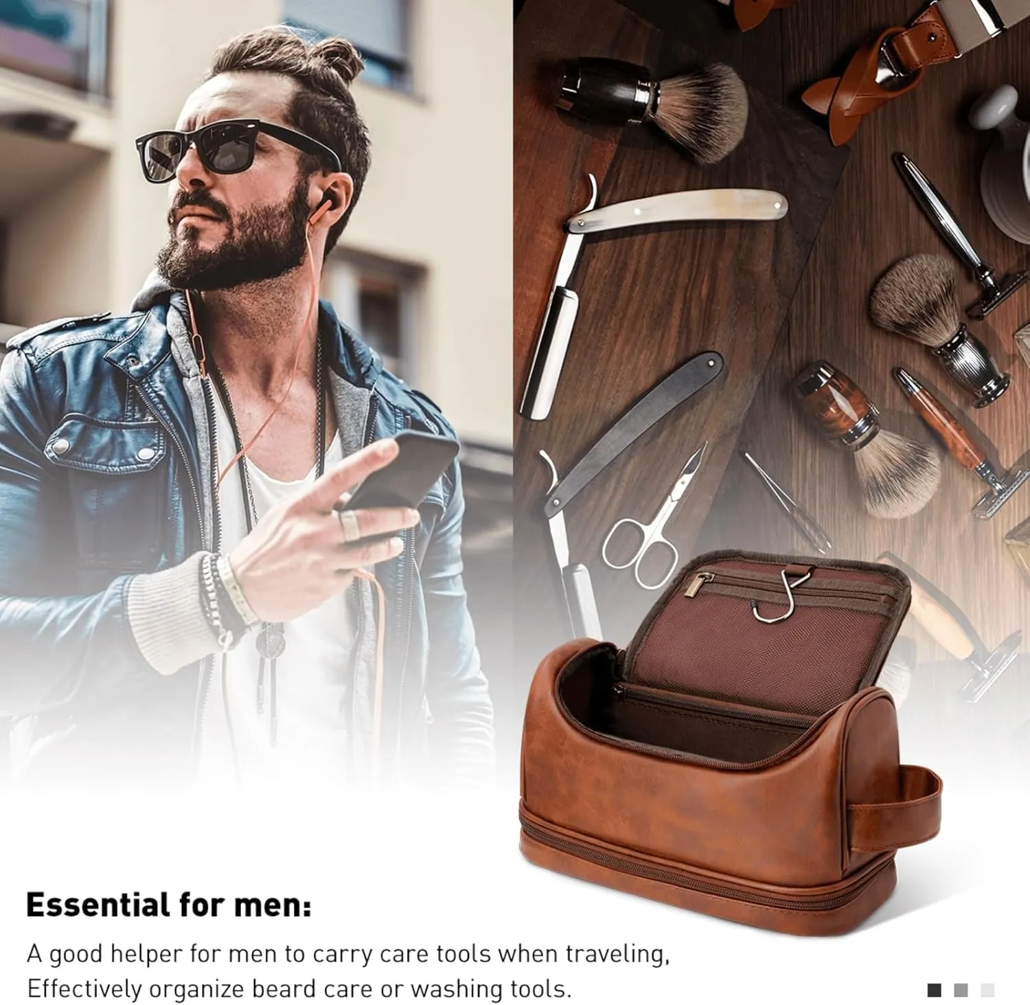 Personalized Leather Toiletry Bag for Men Engraved Name, Custom Groomsmen Shaving Dopp Kit Large Capacity PU Leather Handcrafted Travel Bag Gift for Father's Day, Boy Friend,Husband