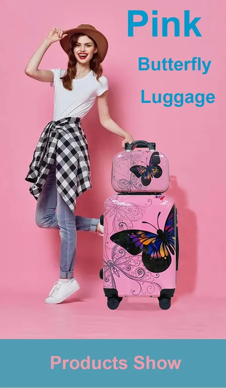 Pink Butterfly Print Luggage 4-Piece Set (14" 20" 24" 28") - Hardside Spinner Suitcases with TSA Lock, Lightweight Expandable Hard Shell, Smooth 360 Wheels for Women & Girls