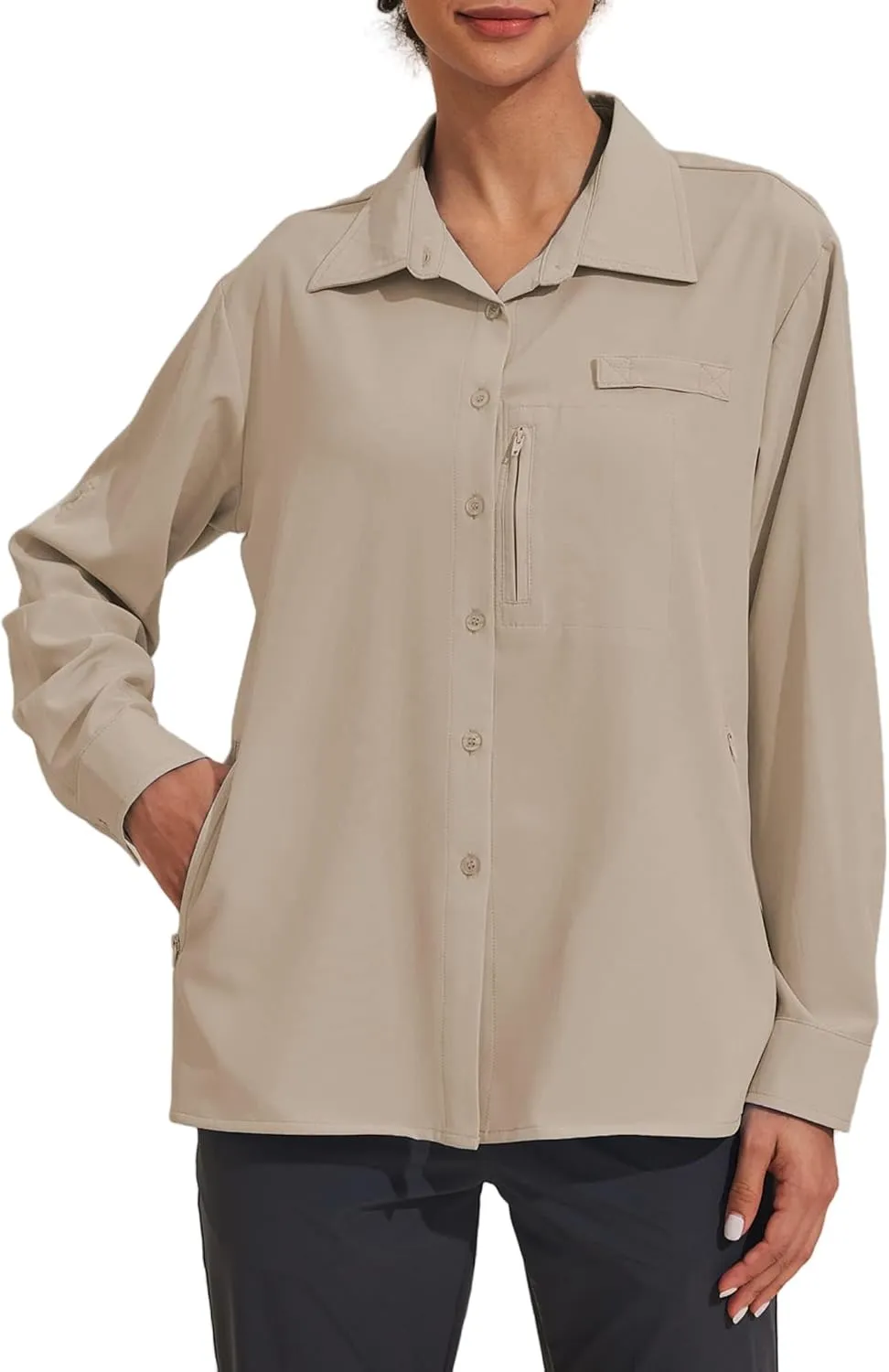 PINSPARK Womens UPF 50  UV Sun Protection Shirts Long Sleeve Outdoor Fishing Blouse Quick Dry Safari Hiking Tops with Pockets