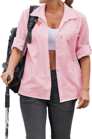 PINSPARK Womens UPF 50  UV Sun Protection Shirts Long Sleeve Outdoor Fishing Blouse Quick Dry Safari Hiking Tops with Pockets