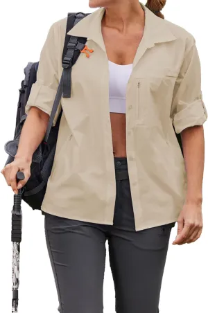PINSPARK Womens UPF 50  UV Sun Protection Shirts Long Sleeve Outdoor Fishing Blouse Quick Dry Safari Hiking Tops with Pockets