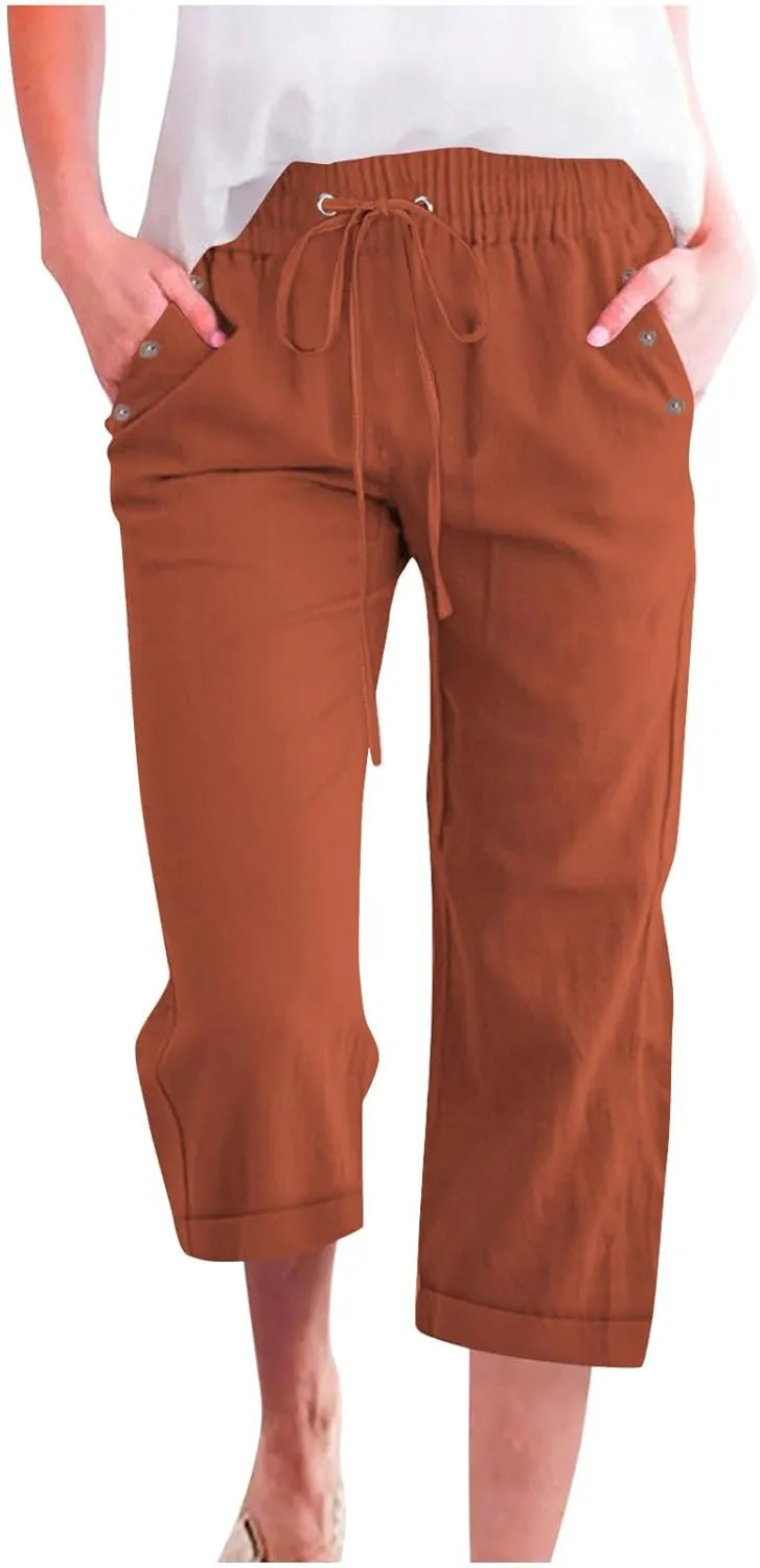 Plus Size Capris for Women Cotton Linen Capri Pants Elastic Waist 3/4 Long Shorts Casual Summer Pants with Pockets