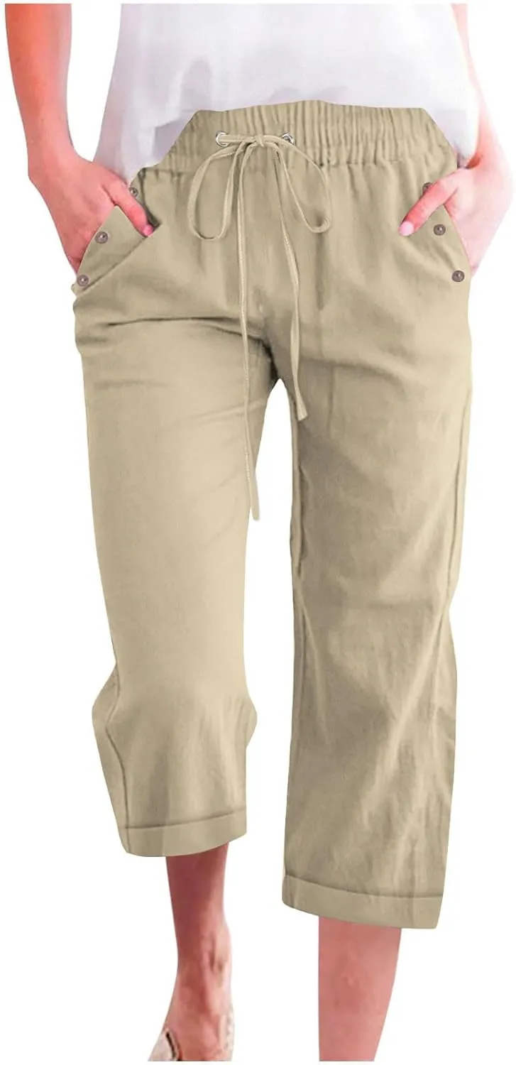 Plus Size Capris for Women Cotton Linen Capri Pants Elastic Waist 3/4 Long Shorts Casual Summer Pants with Pockets