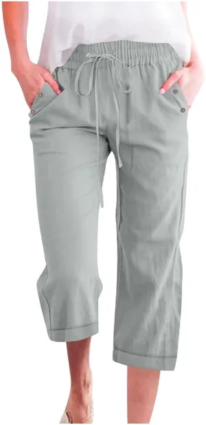 Plus Size Capris for Women Cotton Linen Capri Pants Elastic Waist 3/4 Long Shorts Casual Summer Pants with Pockets