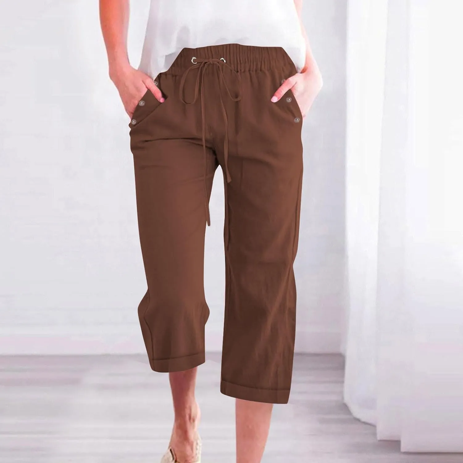 Plus Size Capris for Women Cotton Linen Capri Pants Elastic Waist 3/4 Long Shorts Casual Summer Pants with Pockets