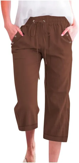 Plus Size Capris for Women Cotton Linen Capri Pants Elastic Waist 3/4 Long Shorts Casual Summer Pants with Pockets