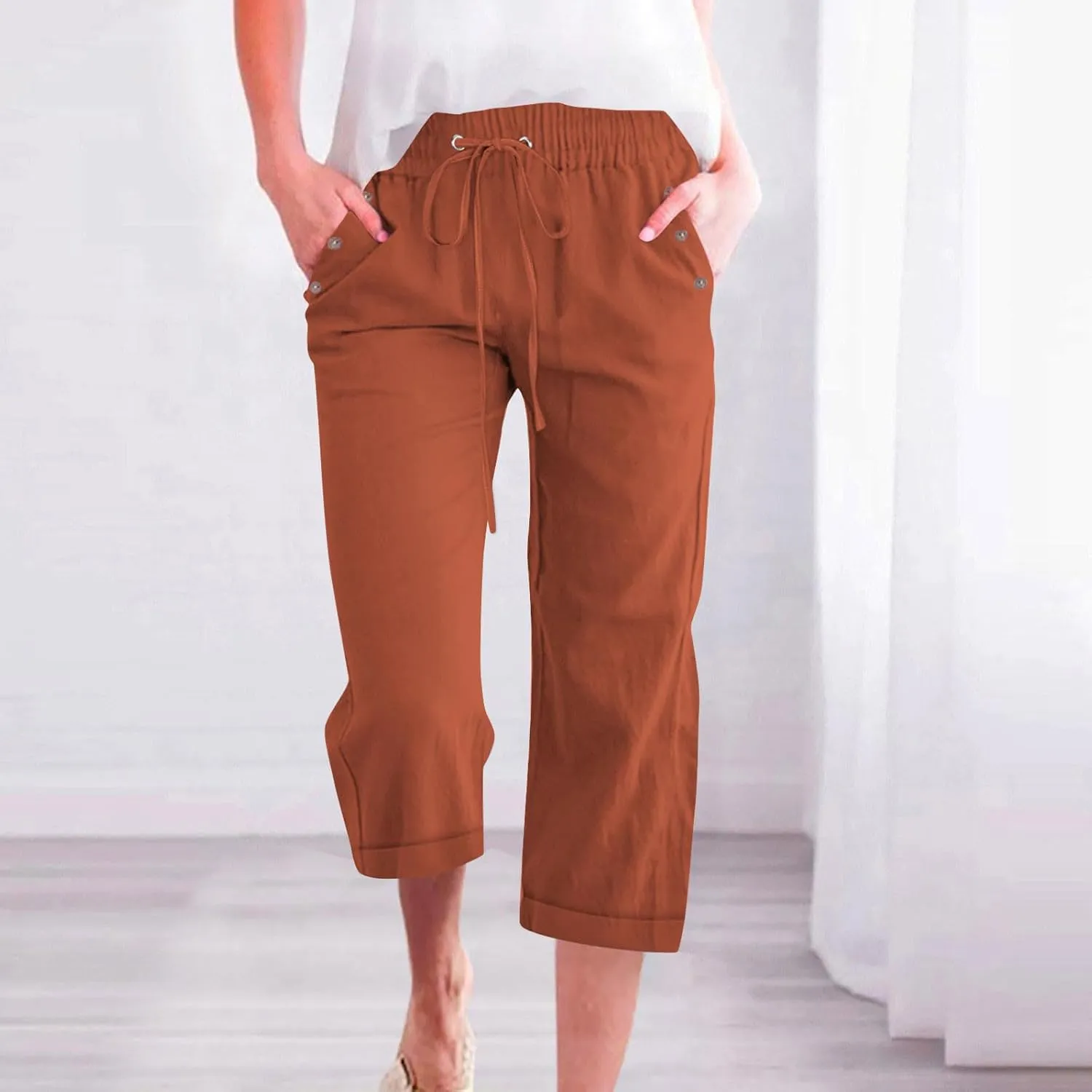 Plus Size Capris for Women Cotton Linen Capri Pants Elastic Waist 3/4 Long Shorts Casual Summer Pants with Pockets