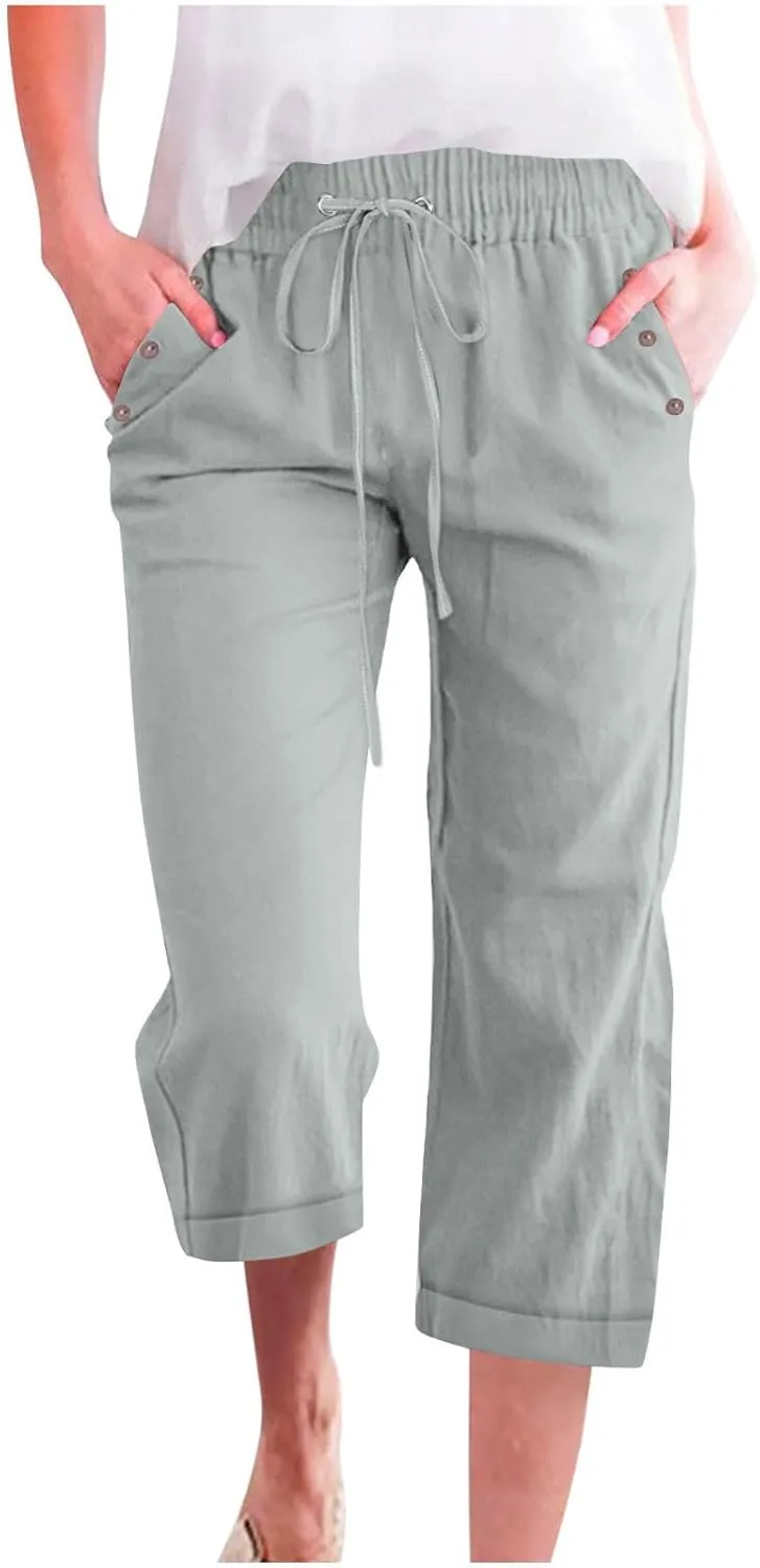 Plus Size Capris for Women Cotton Linen Capri Pants Elastic Waist 3/4 Long Shorts Casual Summer Pants with Pockets
