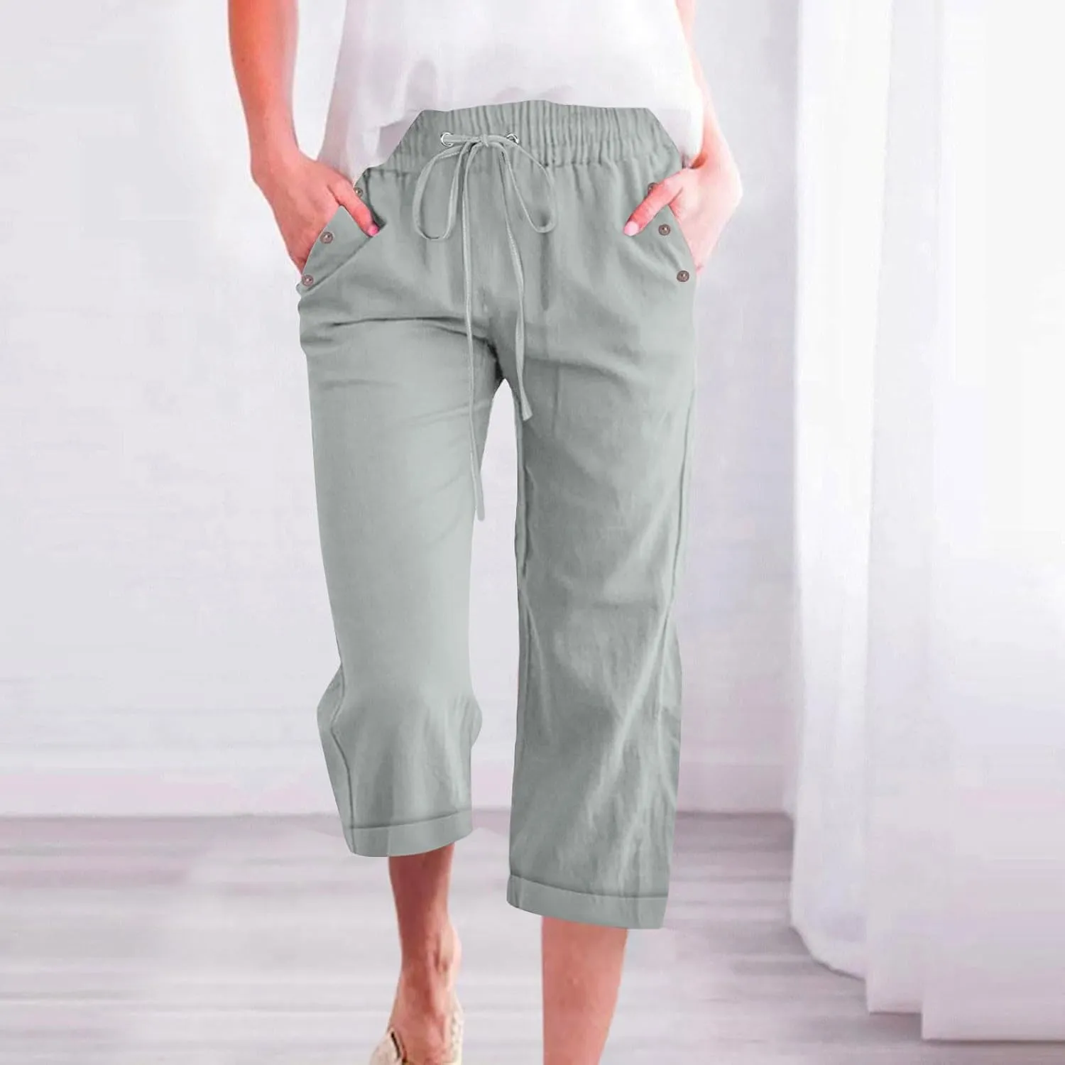 Plus Size Capris for Women Cotton Linen Capri Pants Elastic Waist 3/4 Long Shorts Casual Summer Pants with Pockets