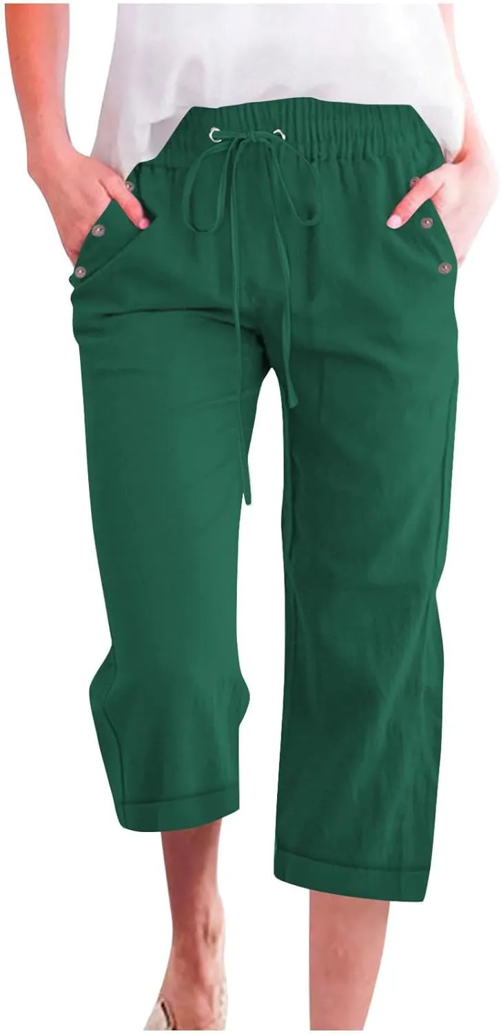 Plus Size Capris for Women Cotton Linen Capri Pants Elastic Waist 3/4 Long Shorts Casual Summer Pants with Pockets