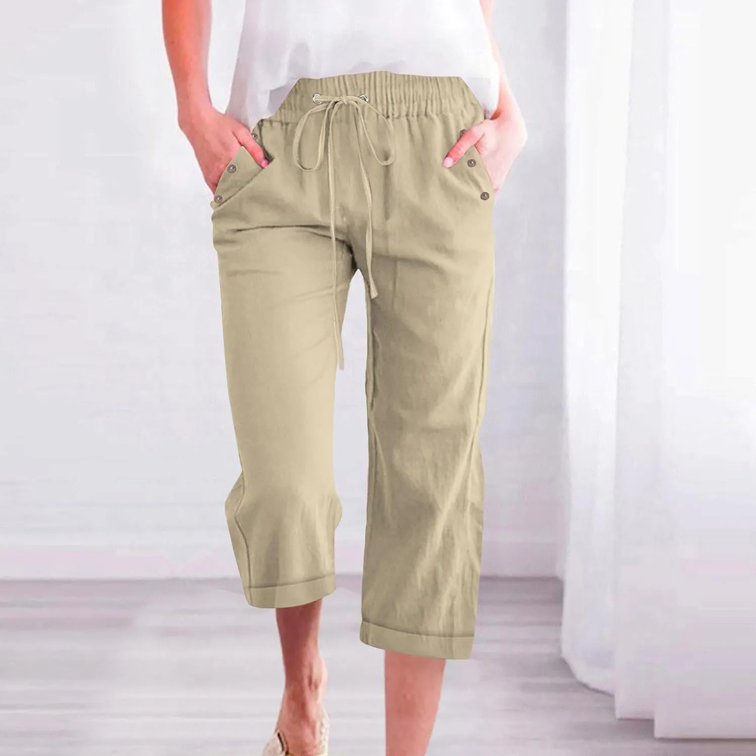 Plus Size Capris for Women Cotton Linen Capri Pants Elastic Waist 3/4 Long Shorts Casual Summer Pants with Pockets