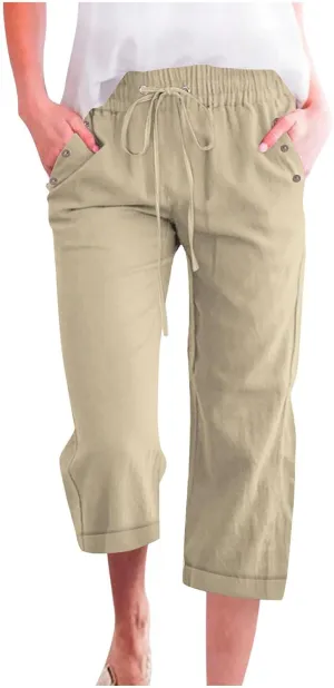 Plus Size Capris for Women Cotton Linen Capri Pants Elastic Waist 3/4 Long Shorts Casual Summer Pants with Pockets