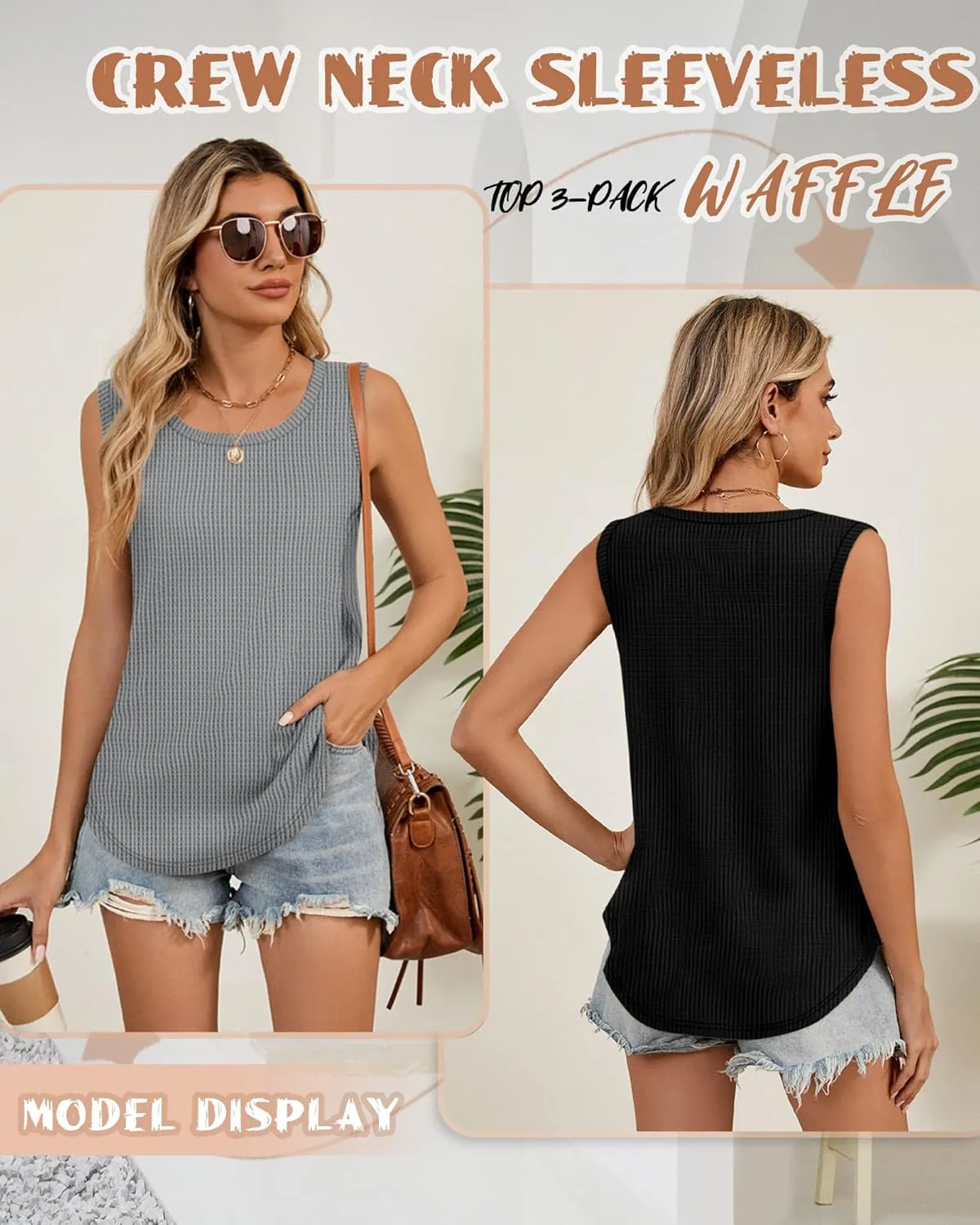 Riyiper 3 Pack Women's Waffle Knit Tank Tops Sleeveless Casual Summer Loose Fit Top Round Neck Curved Hem Trendy Camis