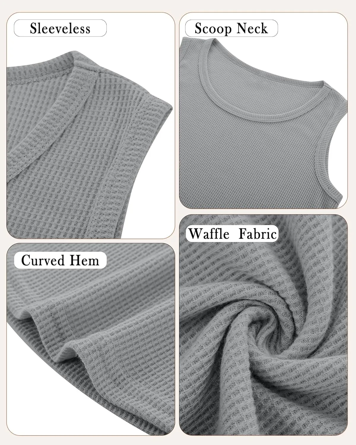 Riyiper 3 Pack Women's Waffle Knit Tank Tops Sleeveless Casual Summer Loose Fit Top Round Neck Curved Hem Trendy Camis