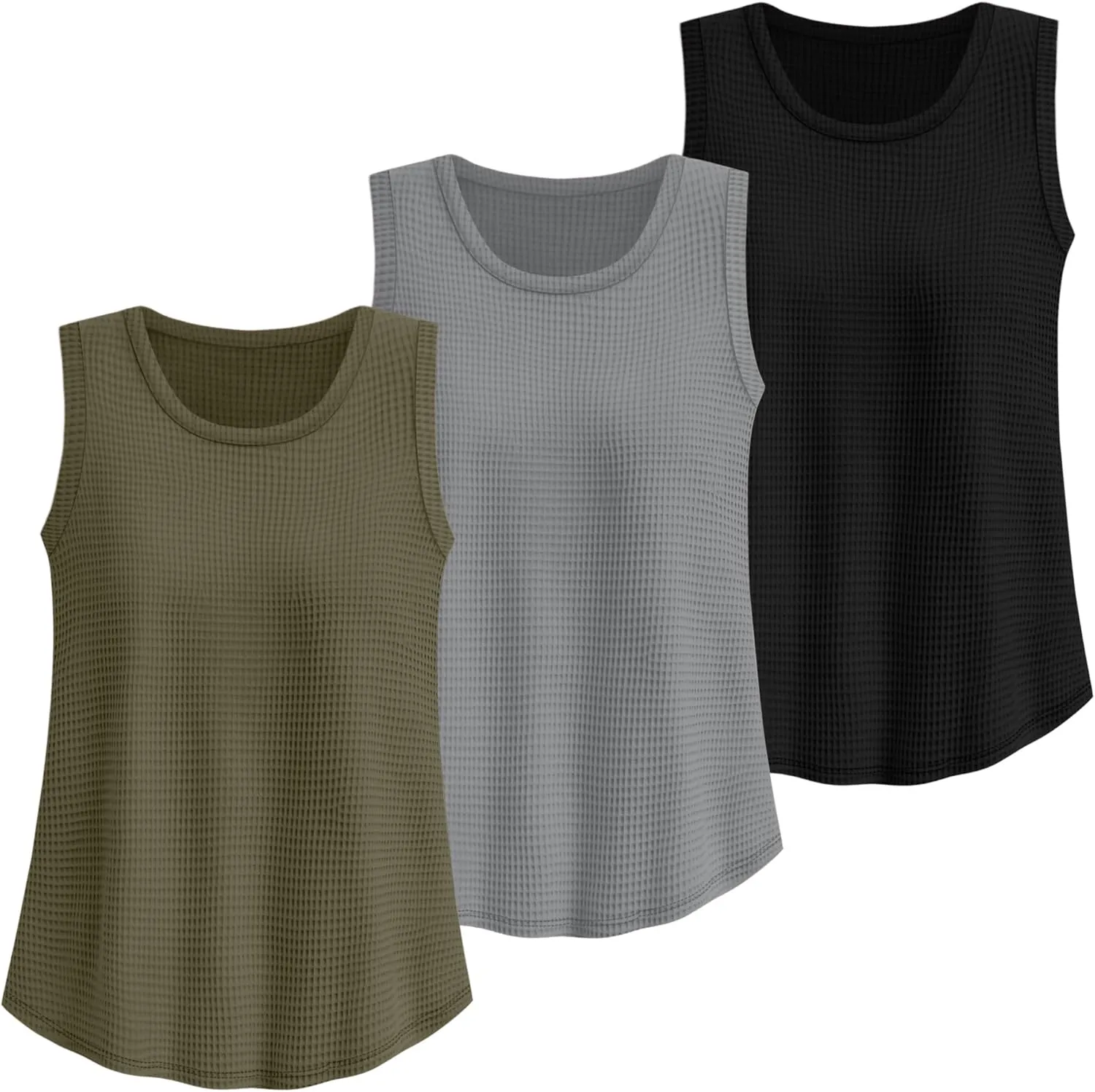 Riyiper 3 Pack Women's Waffle Knit Tank Tops Sleeveless Casual Summer Loose Fit Top Round Neck Curved Hem Trendy Camis