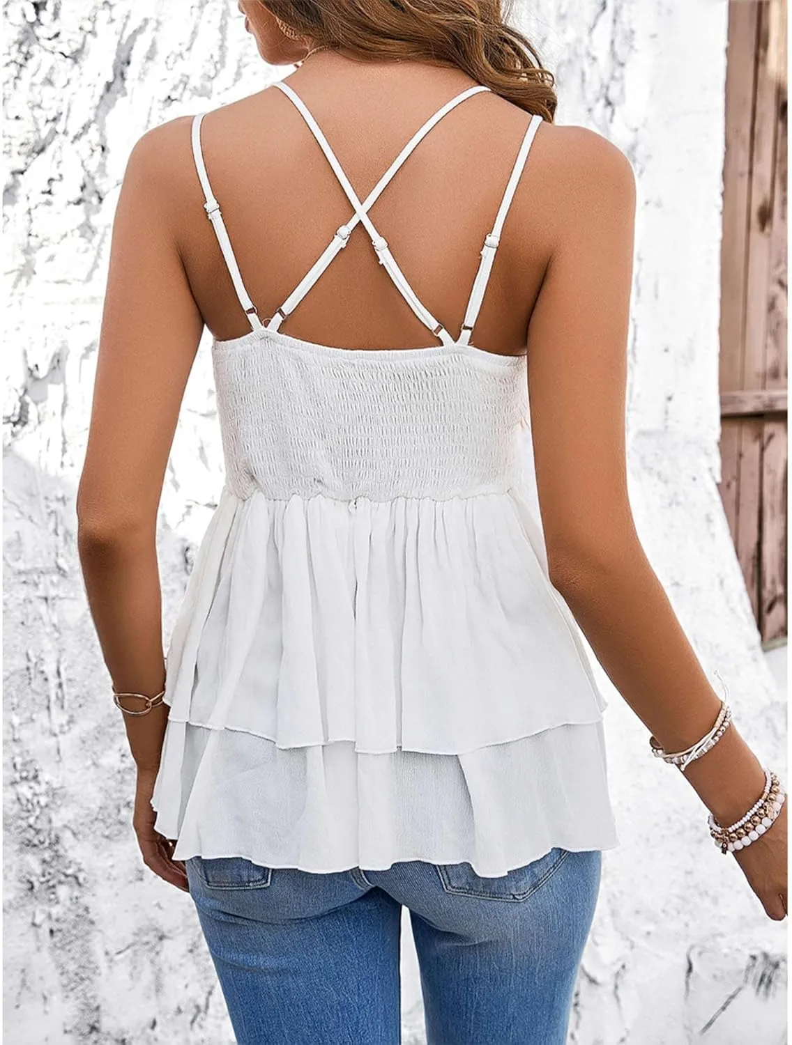 SEMATOMALA Women's Floral Lace Babydoll Tank Top Flowy V Neck Spaghetti Strap Peplum Summer Cami Sleeveless Shirts