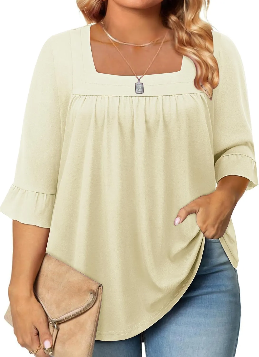 Siddhe Womens Plus Size Tops Loose Fit 3/4 Ruffle Sleeve Blouses Square Neck T Shirt Casual Tunic Tops(1X-5X)