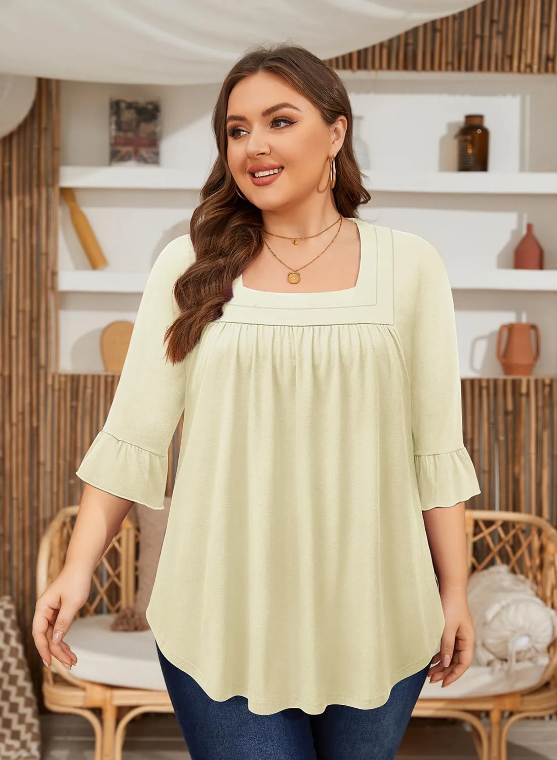 Siddhe Womens Plus Size Tops Loose Fit 3/4 Ruffle Sleeve Blouses Square Neck T Shirt Casual Tunic Tops(1X-5X)
