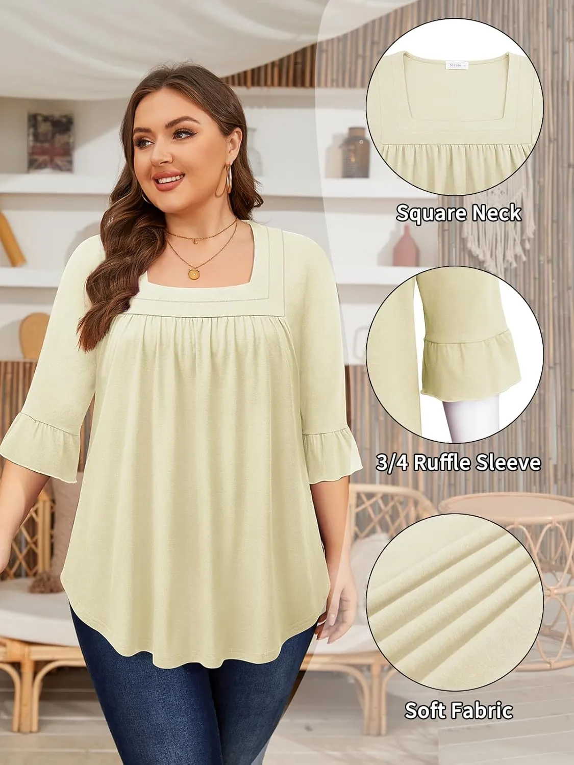 Siddhe Womens Plus Size Tops Loose Fit 3/4 Ruffle Sleeve Blouses Square Neck T Shirt Casual Tunic Tops(1X-5X)