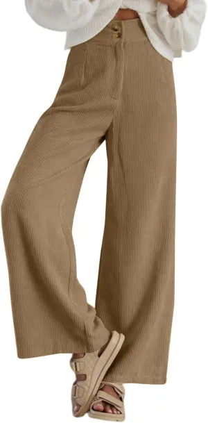 Sidefeel Corduroy Pants for Women 2024 Casual High Waisted Double Buttoned Stretchy Loose Fit Wide Leg Pants with Pockets