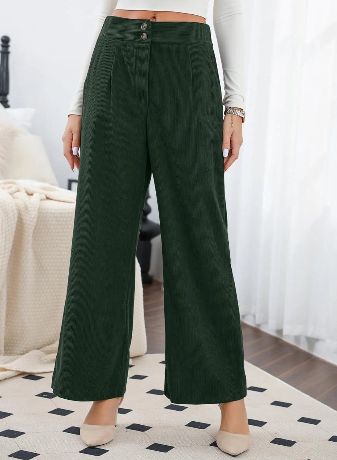 Sidefeel Corduroy Pants for Women 2024 Casual High Waisted Double Buttoned Stretchy Loose Fit Wide Leg Pants with Pockets