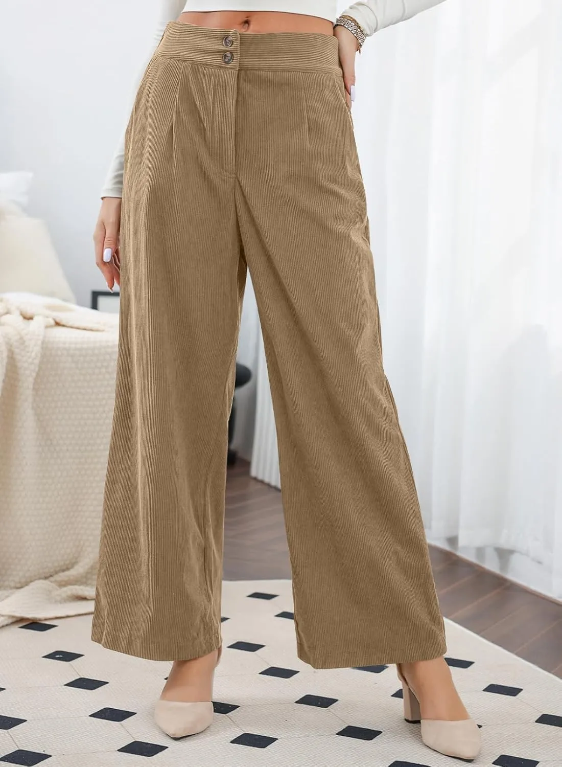 Sidefeel Corduroy Pants for Women 2024 Casual High Waisted Double Buttoned Stretchy Loose Fit Wide Leg Pants with Pockets