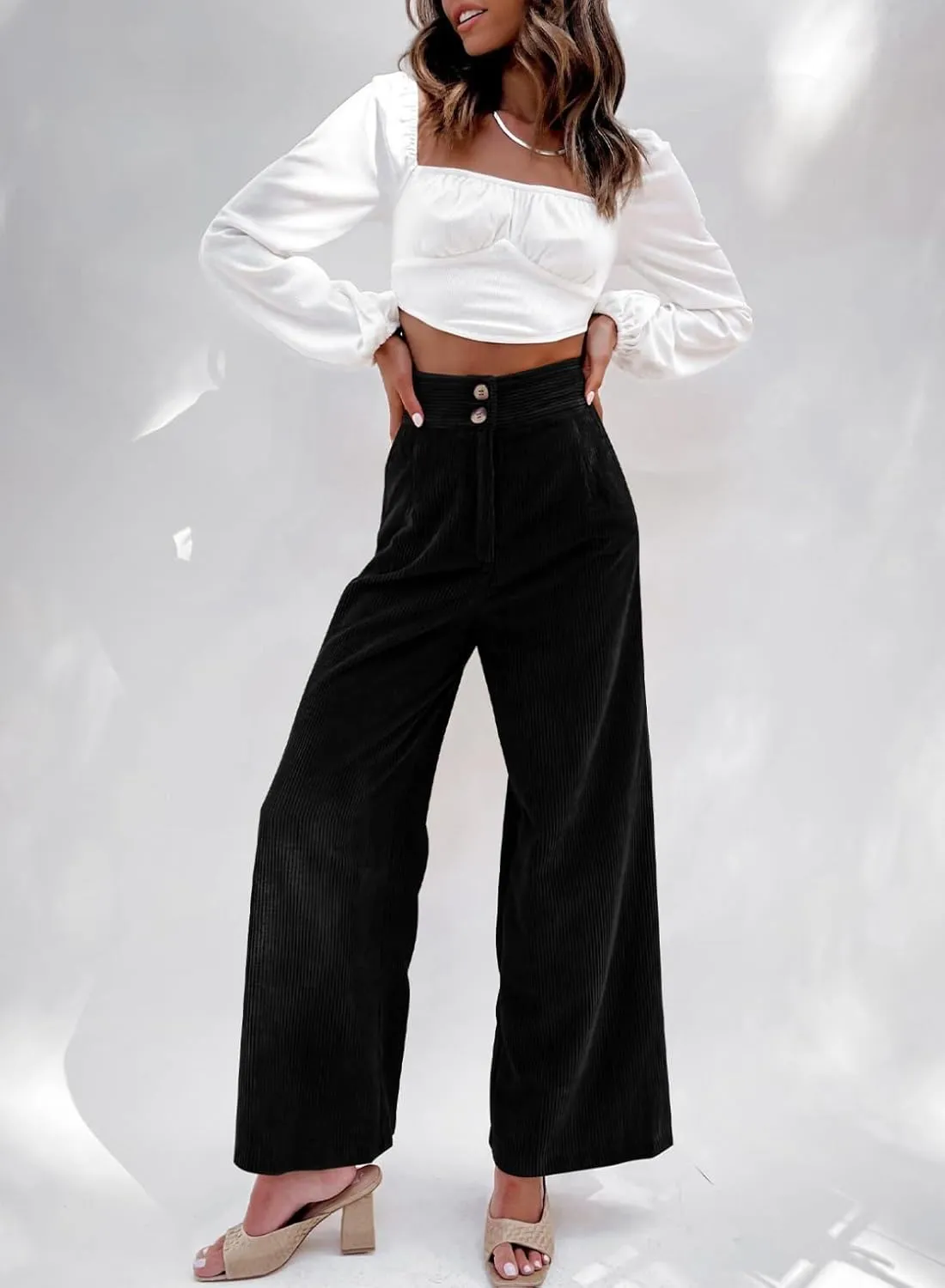 Sidefeel Corduroy Pants for Women 2024 Casual High Waisted Double Buttoned Stretchy Loose Fit Wide Leg Pants with Pockets