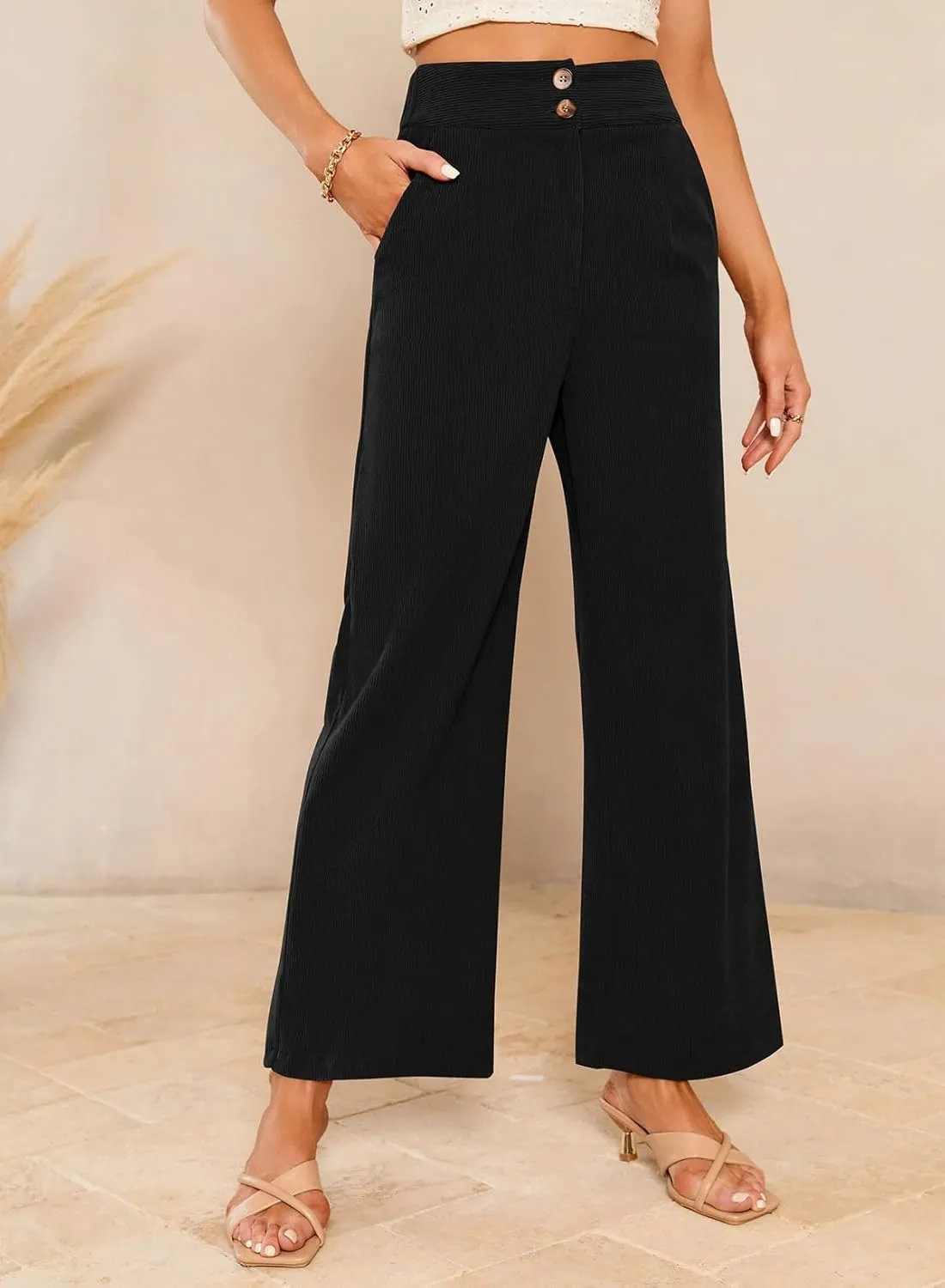 Sidefeel Corduroy Pants for Women 2024 Casual High Waisted Double Buttoned Stretchy Loose Fit Wide Leg Pants with Pockets
