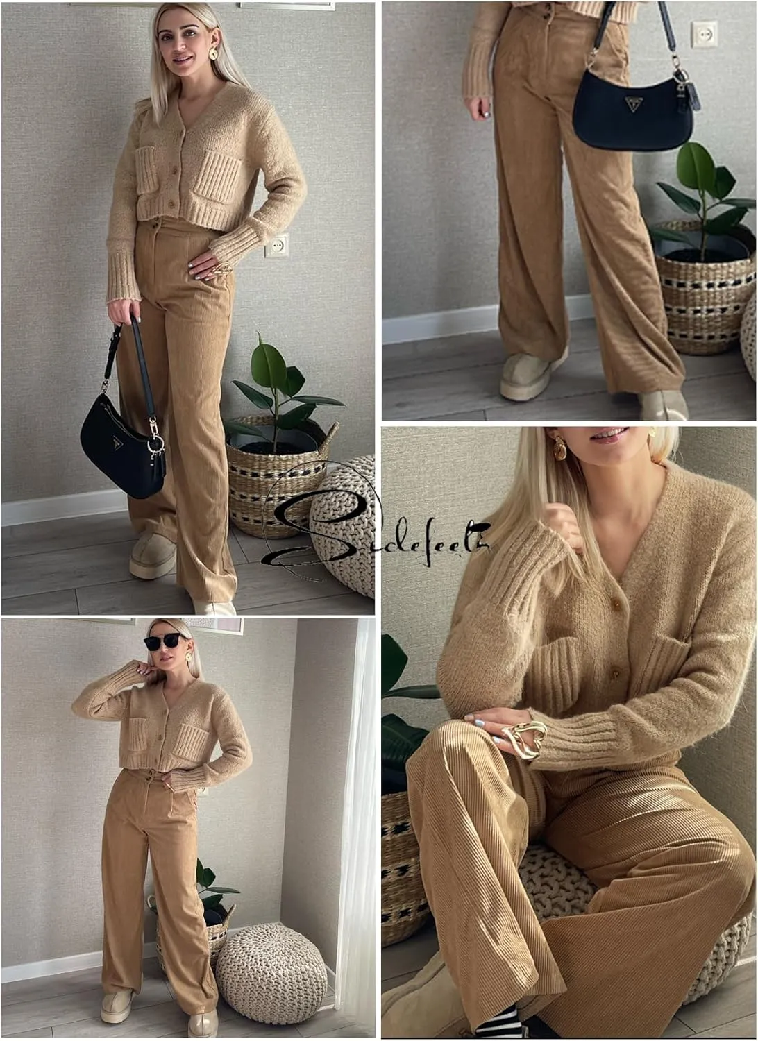 Sidefeel Corduroy Pants for Women 2024 Casual High Waisted Double Buttoned Stretchy Loose Fit Wide Leg Pants with Pockets