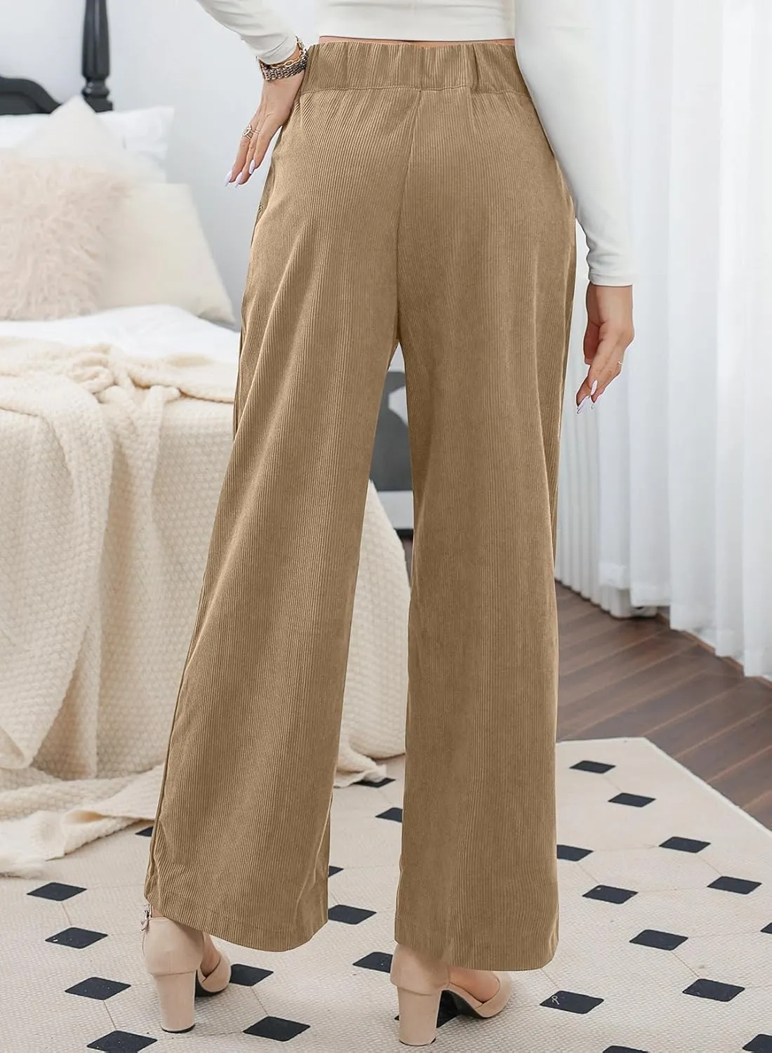 Sidefeel Corduroy Pants for Women 2024 Casual High Waisted Double Buttoned Stretchy Loose Fit Wide Leg Pants with Pockets