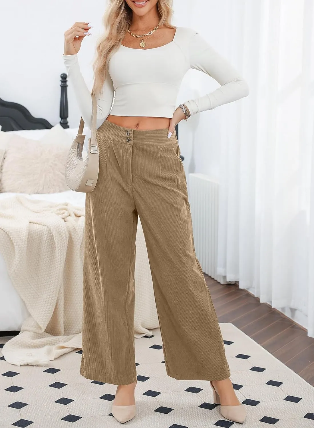Sidefeel Corduroy Pants for Women 2024 Casual High Waisted Double Buttoned Stretchy Loose Fit Wide Leg Pants with Pockets