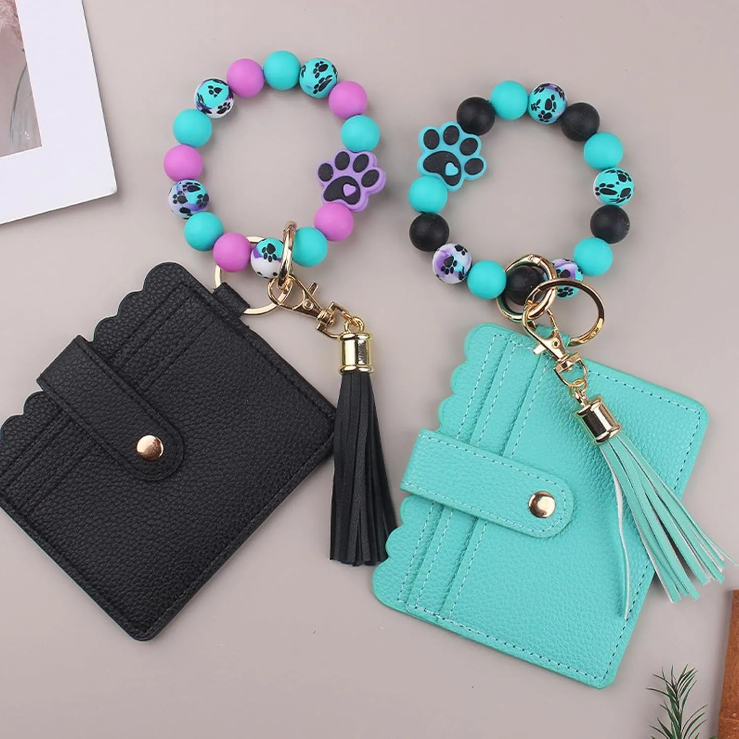 Silicone Paw Beaded Bracelet Wallet Credit Card Holder ID Window Key Ring Tassel Car Key Women Wristlet Keychain Purse (Turquoise)