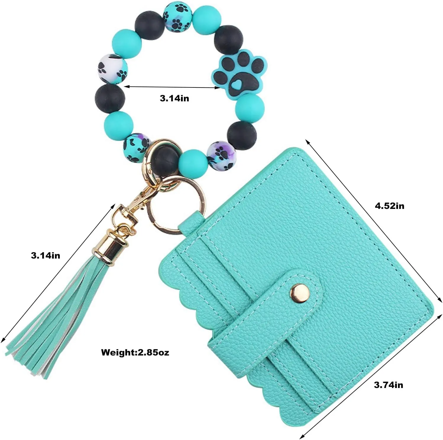 Silicone Paw Beaded Bracelet Wallet Credit Card Holder ID Window Key Ring Tassel Car Key Women Wristlet Keychain Purse (Turquoise)