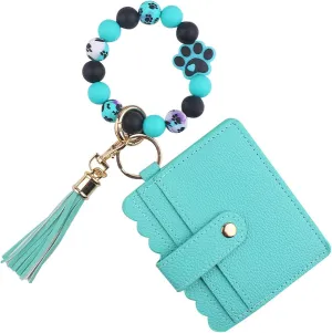 Silicone Paw Beaded Bracelet Wallet Credit Card Holder ID Window Key Ring Tassel Car Key Women Wristlet Keychain Purse (Turquoise)
