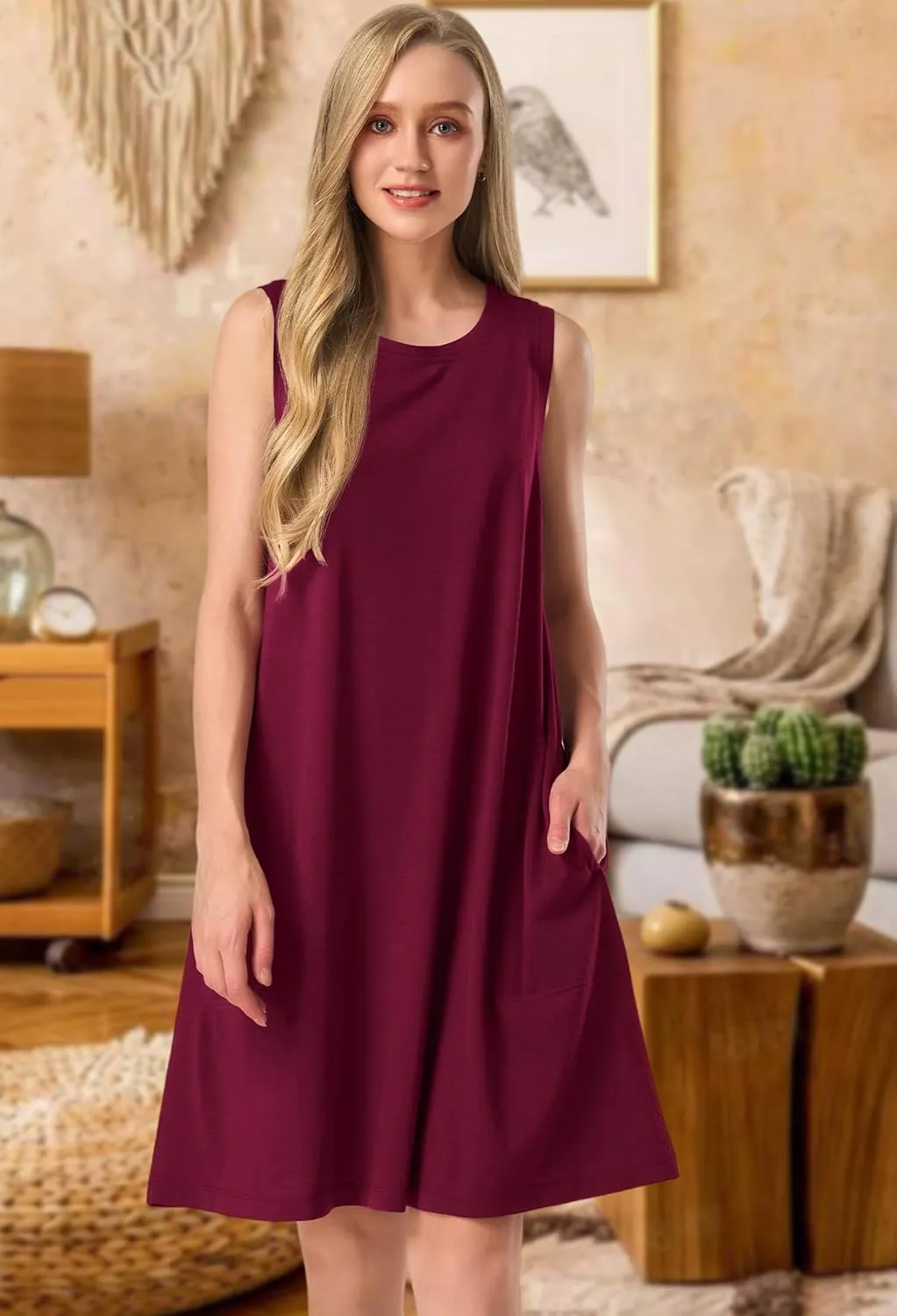 SIORO 100% Merino Wool Women's Sleeveless Dress Casual Solid Tank Dress for Women Knee-Length Summer Dresses with Pockets