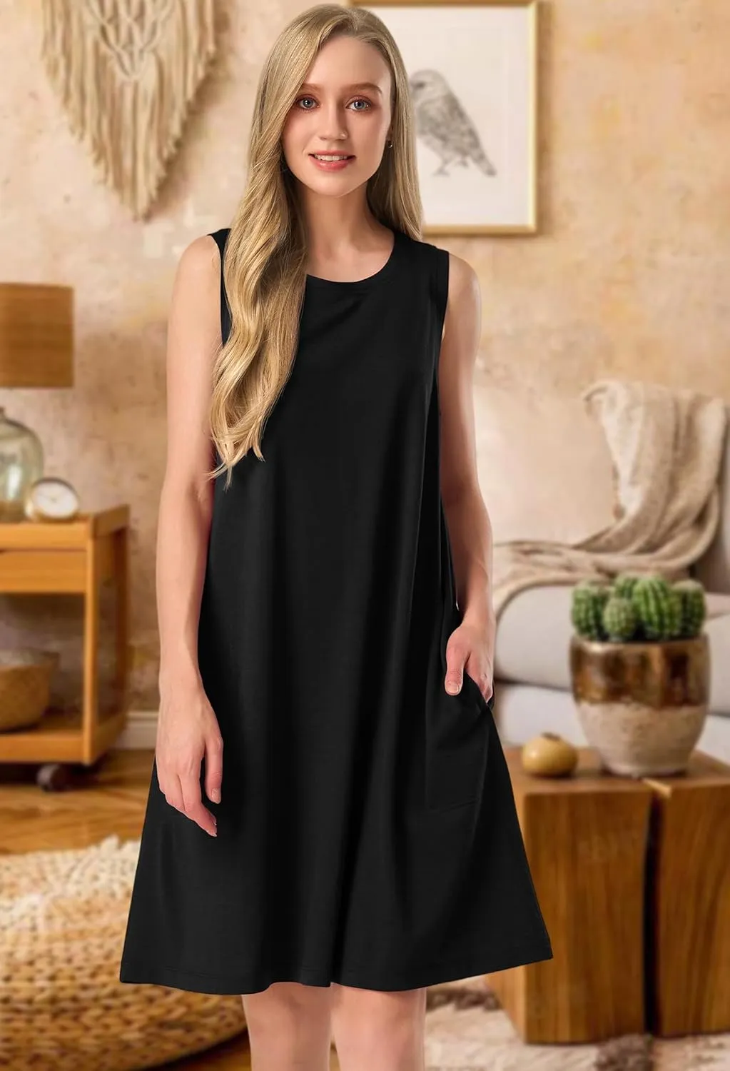 SIORO 100% Merino Wool Women's Sleeveless Dress Casual Solid Tank Dress for Women Knee-Length Summer Dresses with Pockets
