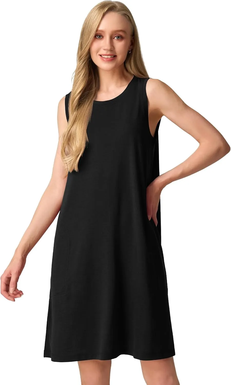 SIORO 100% Merino Wool Women's Sleeveless Dress Casual Solid Tank Dress for Women Knee-Length Summer Dresses with Pockets