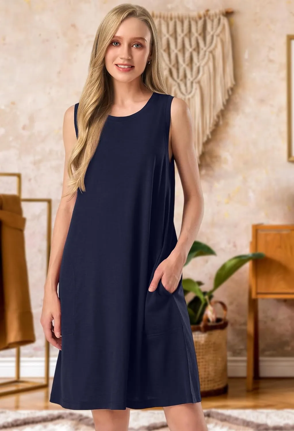 SIORO 100% Merino Wool Women's Sleeveless Dress Casual Solid Tank Dress for Women Knee-Length Summer Dresses with Pockets