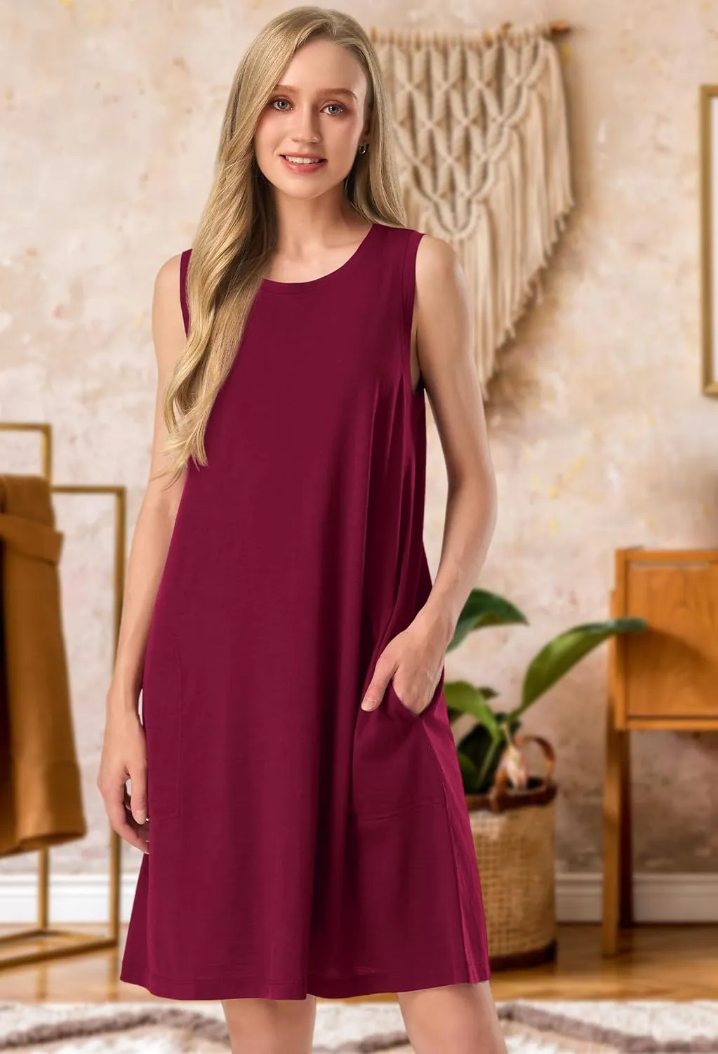 SIORO 100% Merino Wool Women's Sleeveless Dress Casual Solid Tank Dress for Women Knee-Length Summer Dresses with Pockets