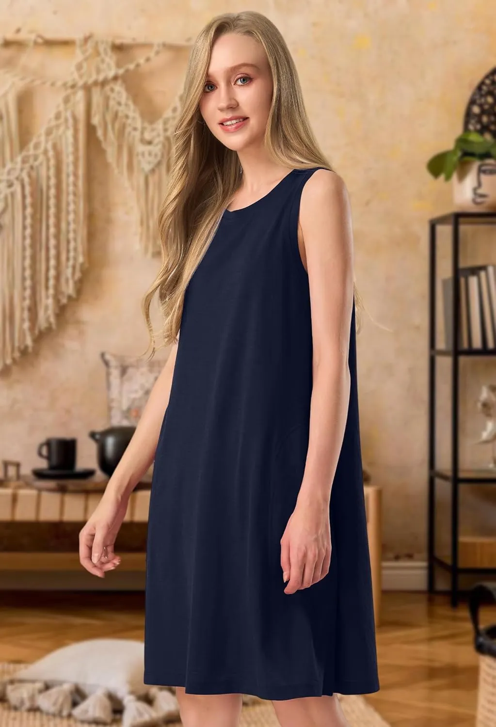 SIORO 100% Merino Wool Women's Sleeveless Dress Casual Solid Tank Dress for Women Knee-Length Summer Dresses with Pockets