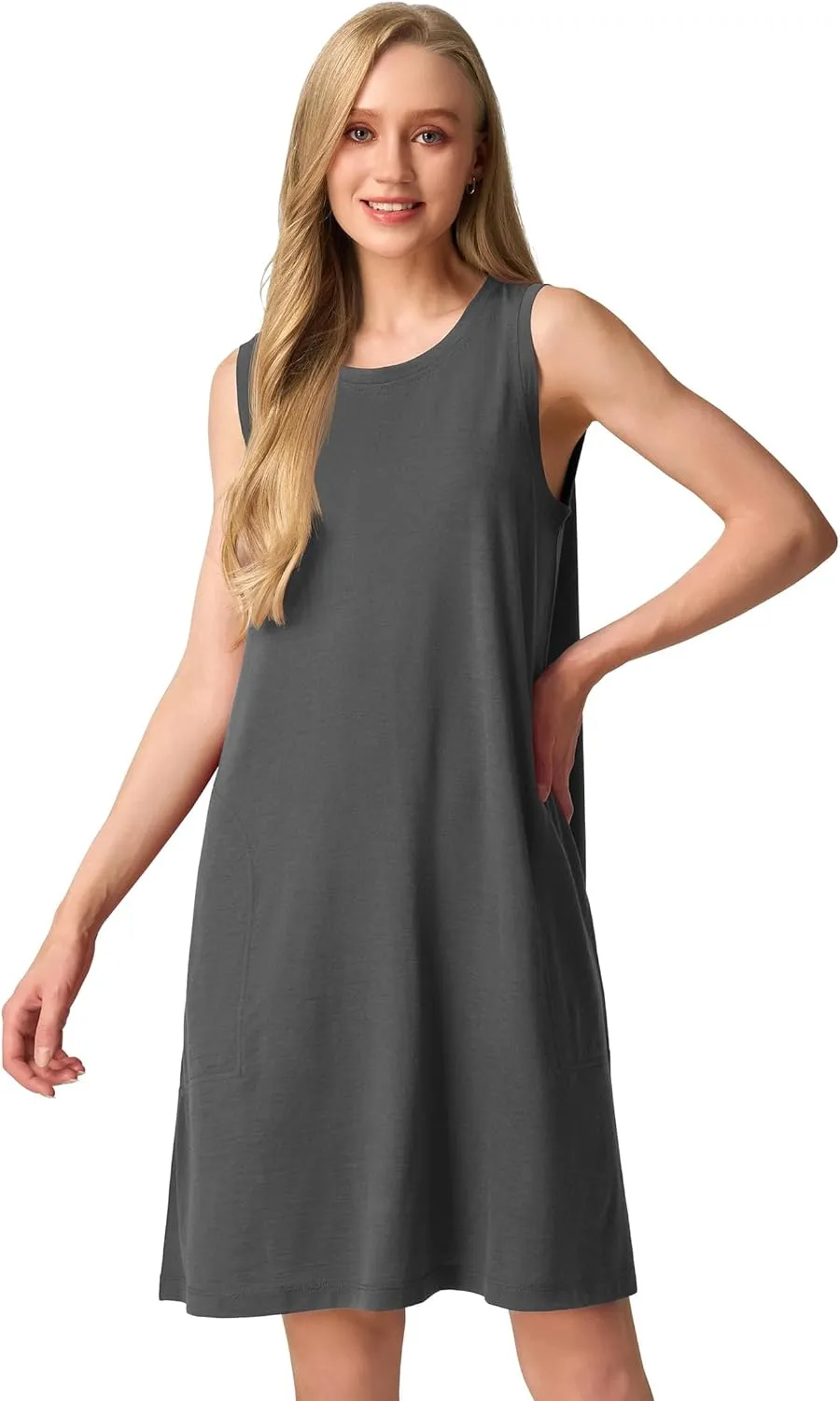 SIORO 100% Merino Wool Women's Sleeveless Dress Casual Solid Tank Dress for Women Knee-Length Summer Dresses with Pockets